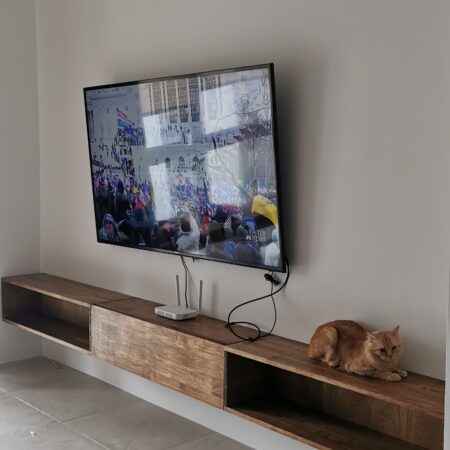 Customized 3-meter length TV cabinet made from rubberwood & stained in walnut colour